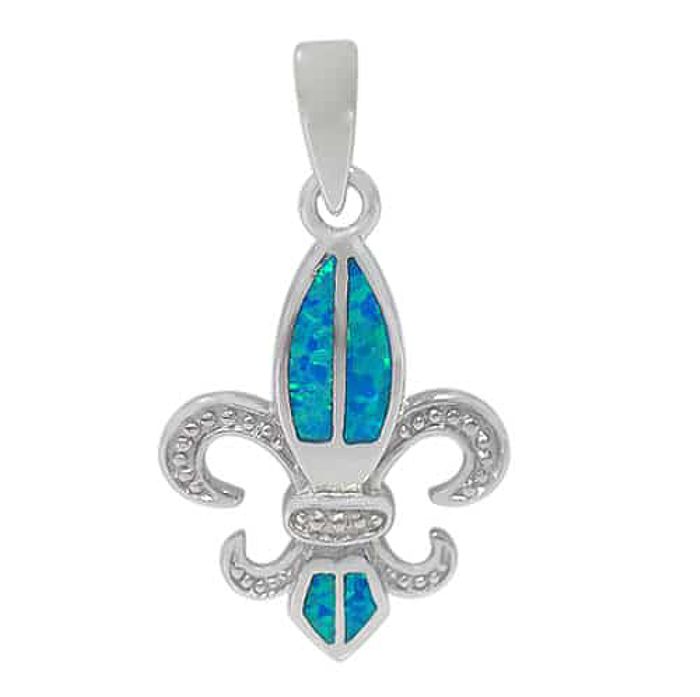 Blue Fire Opal Fleur de Lis Sterling Pendant - French Lily - Click Image to Close